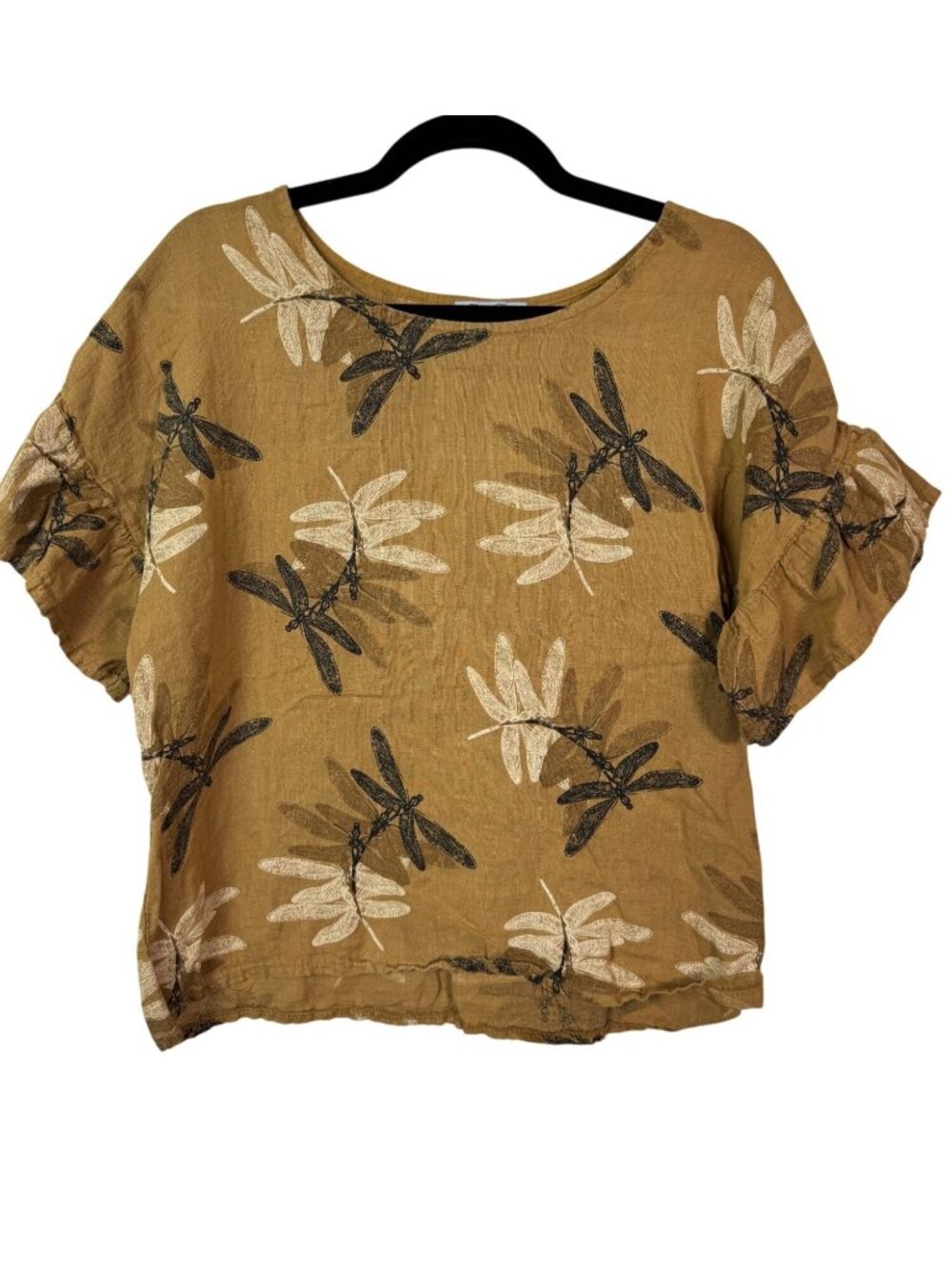 Elena Baldi Dragonfly Print 100% Linen Blouse Top Small Mustard Novelty Novelty